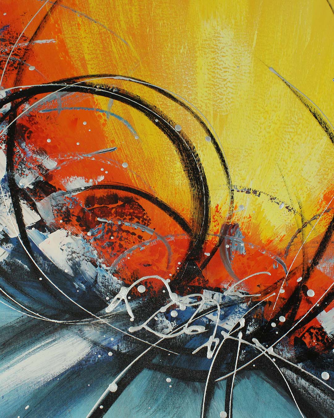 Elemental orange and turquoise abstract painting close-up of the textured paint