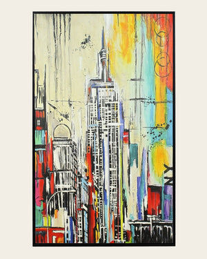 Empire Rising colourful new york city wall art front view in a black frame