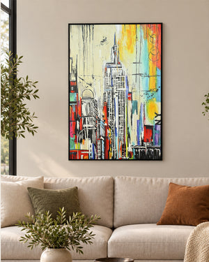 Empire Rising colourful new york city wall art above a sofa in a living room