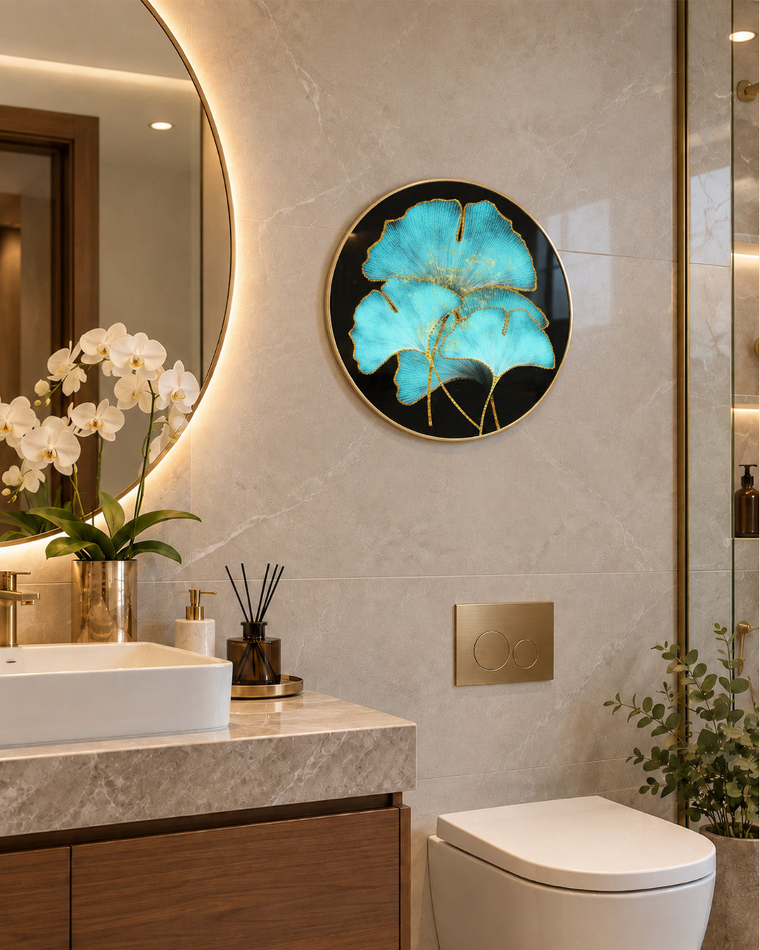 Empress round ginkgo glass wall art in a bathroom