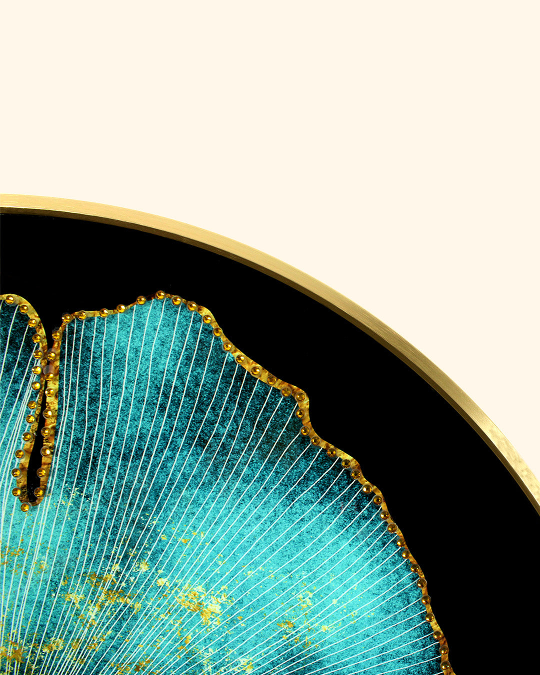 Empress round ginkgo glass wall art gold metal frame corner detail