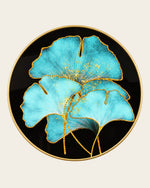 Empress round ginkgo glass wall art front view in a gold metal frame