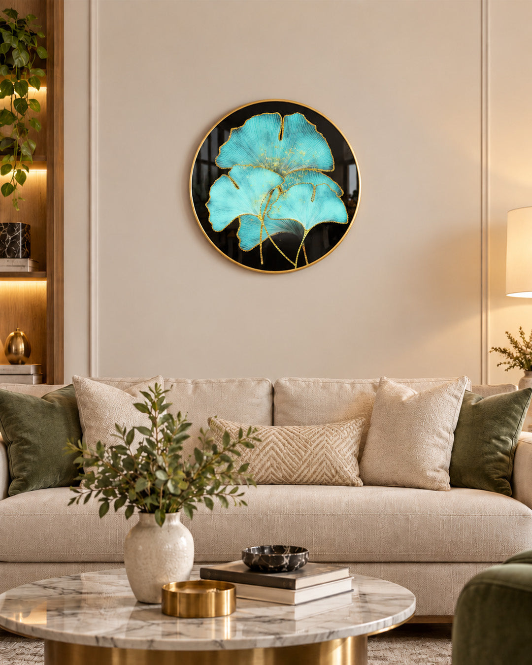 Empress round ginkgo glass wall art in a living room above a sofa