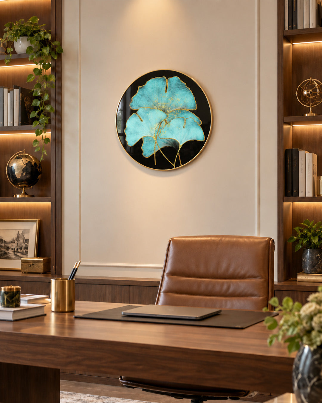 Empress round ginkgo glass wall art in a home office