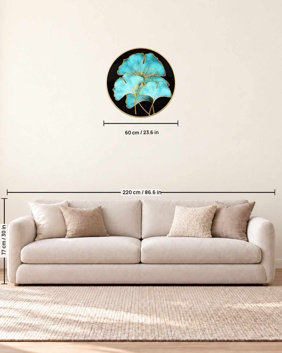 Empress round ginkgo glass wall art size guide above a sofa