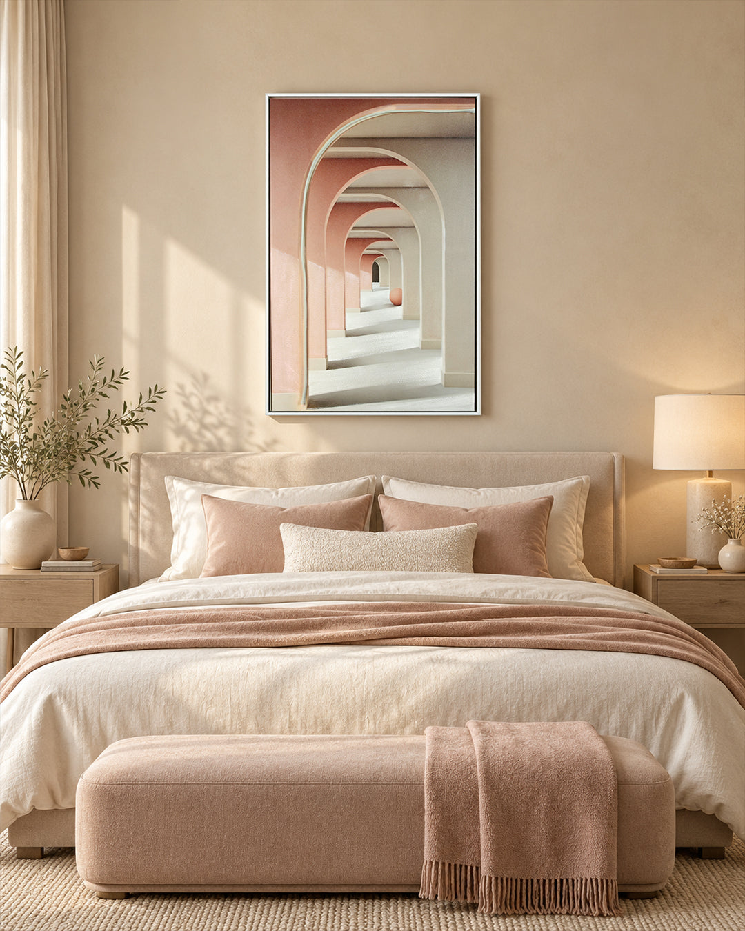 Endless pink arch LED wall art above a bed in a bedroom