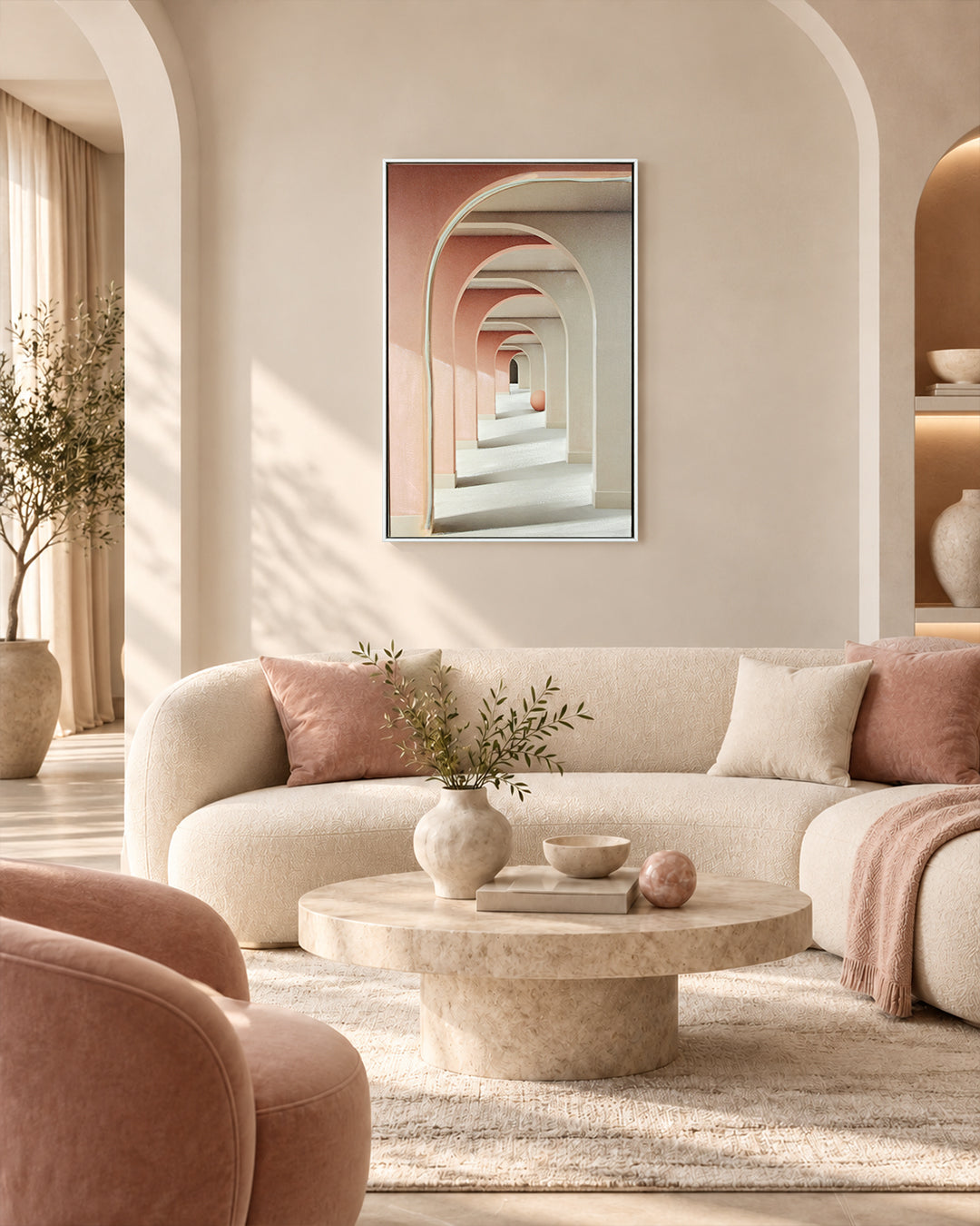 Endless pink arch LED wall art in a living room