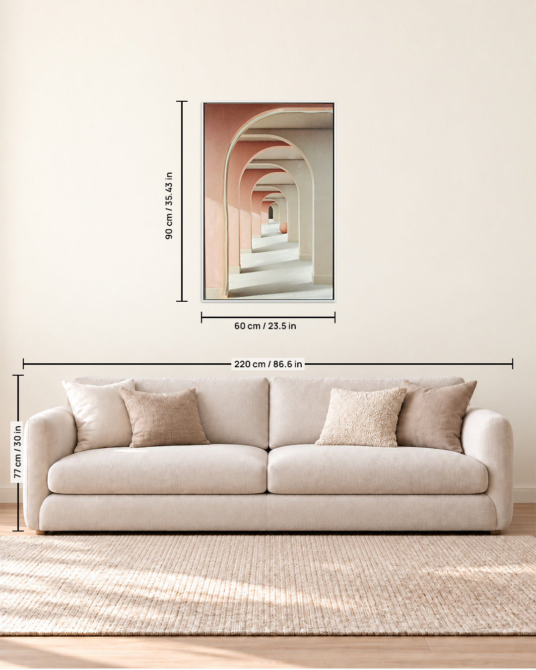 Endless pink arch LED wall art size guide above a sofa