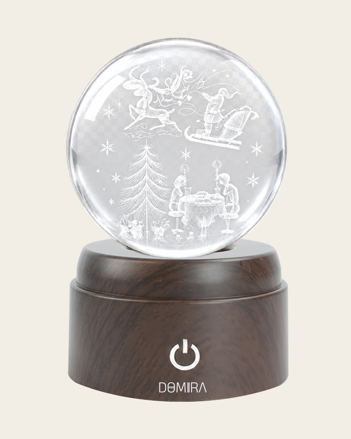 A December Evening crystal globe front view on its rotating LED base