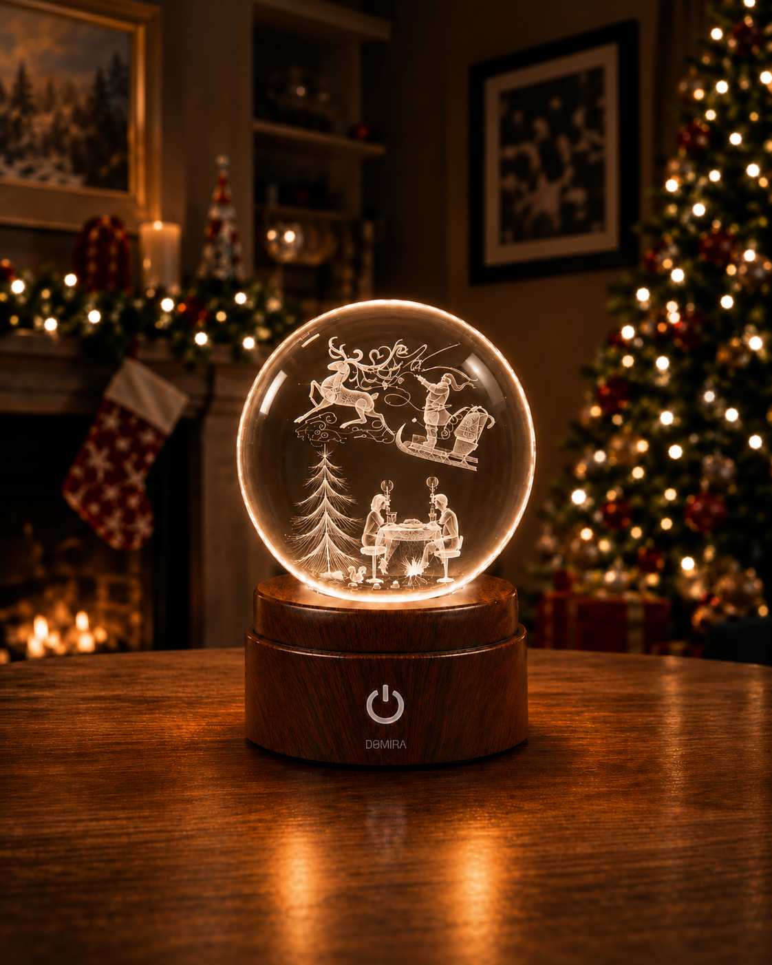A December Evening crystal globe glowing warm amber