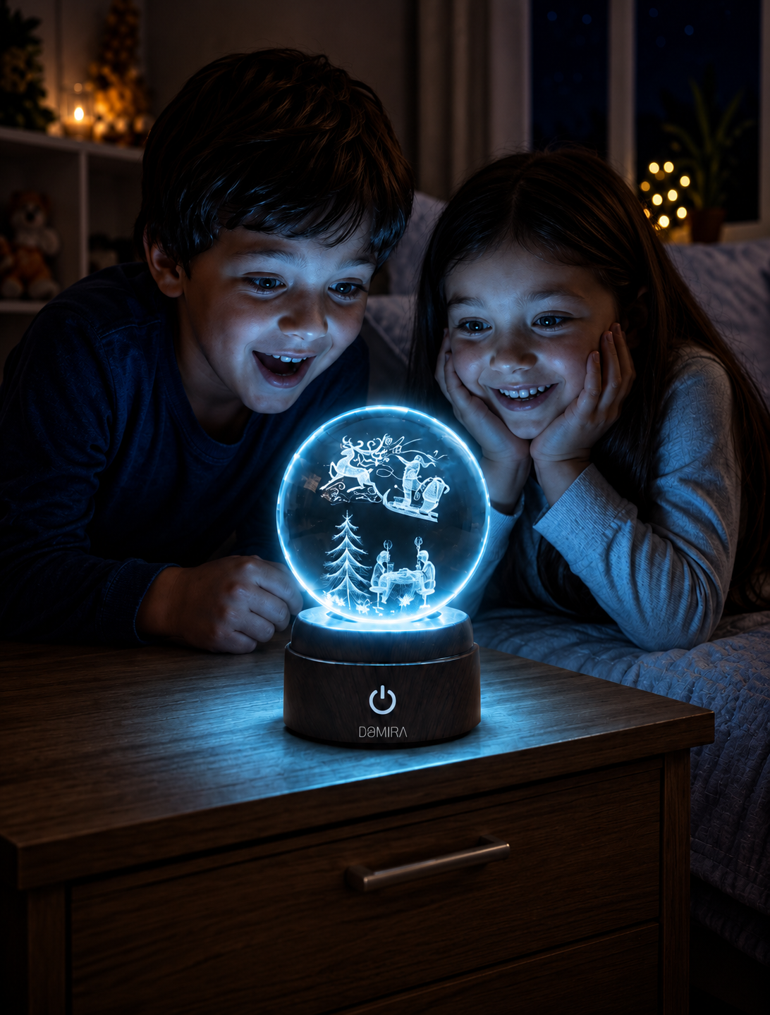 Two children admiring the A December Evening crystal globe