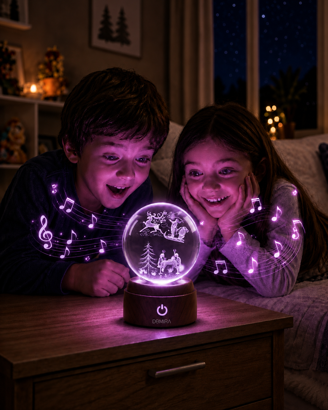 Two children enjoying the A December Evening crystal globe as the Christmas jingle plays