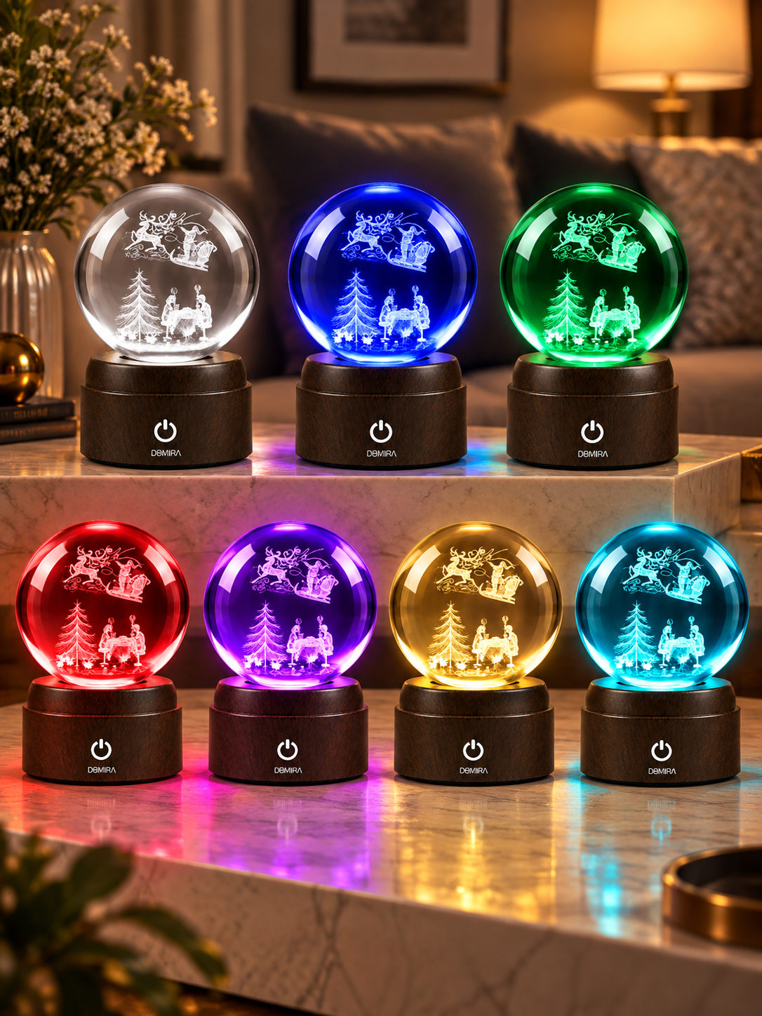 A December Evening crystal globe shown in seven LED colours