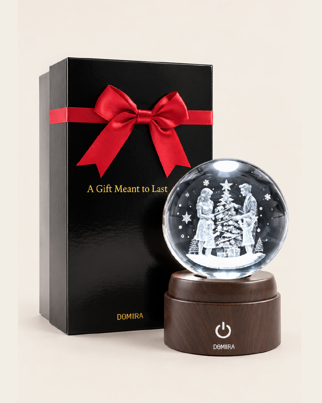 Christmas Together crystal globe beside its ribbon-finished gift box