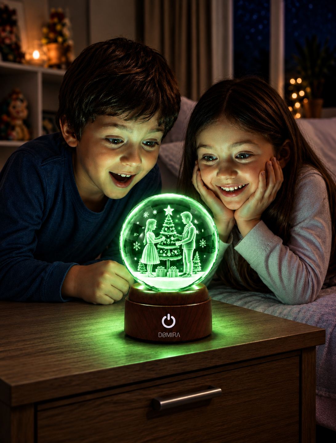 Two children admiring the Christmas Together crystal globe