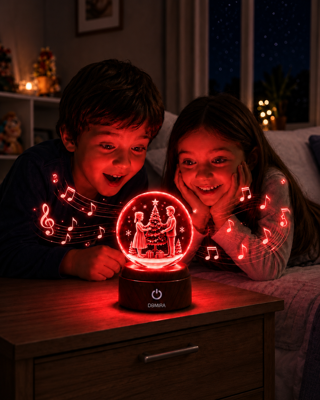 Two children enjoying the Christmas Together crystal globe as the Christmas jingle plays