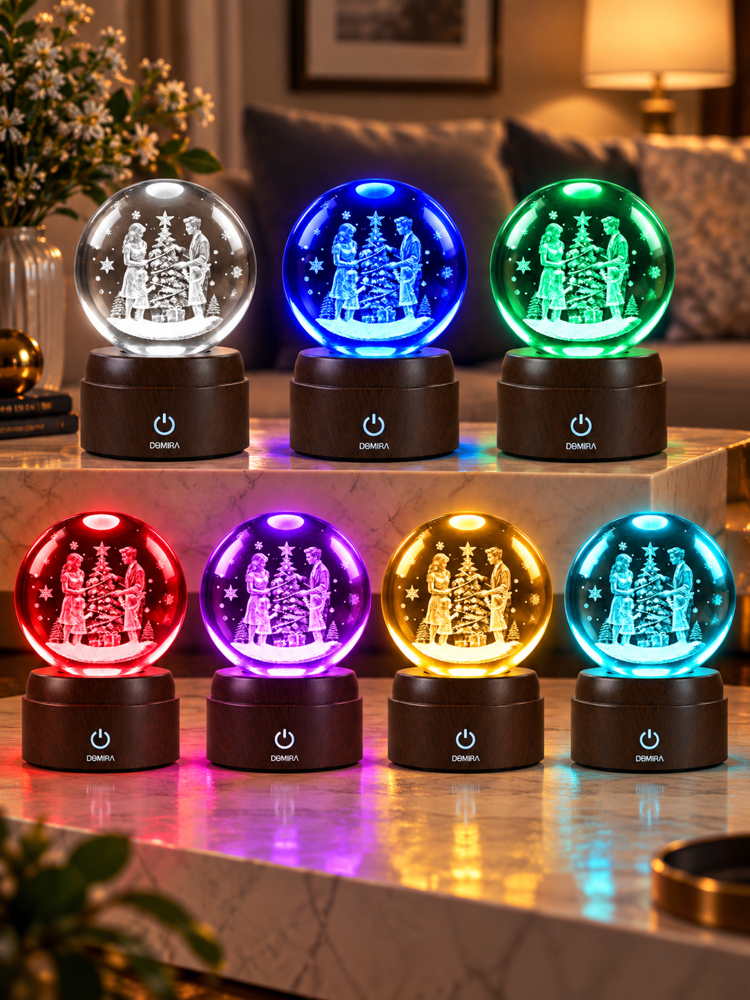 Christmas Together crystal globe shown in seven LED colours