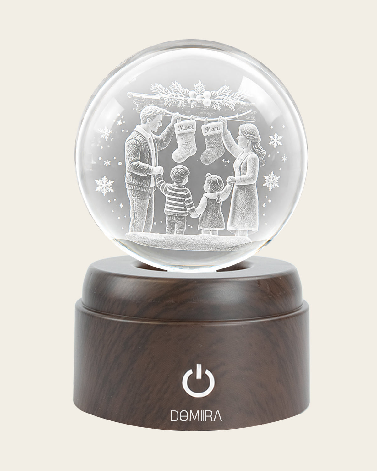 Christmas Traditions crystal globe front view on its rotating LED base