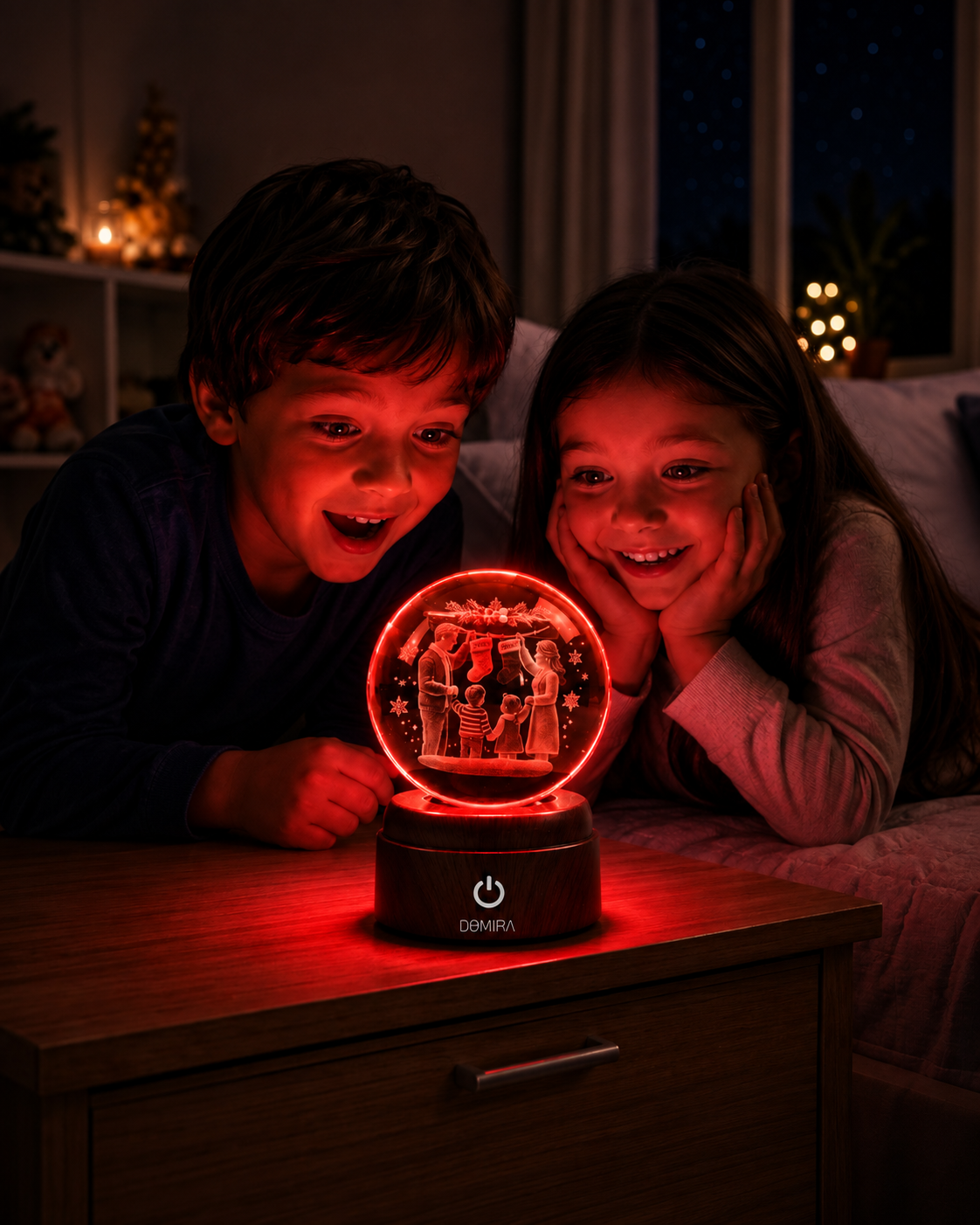 Two children admiring the Christmas Traditions crystal globe