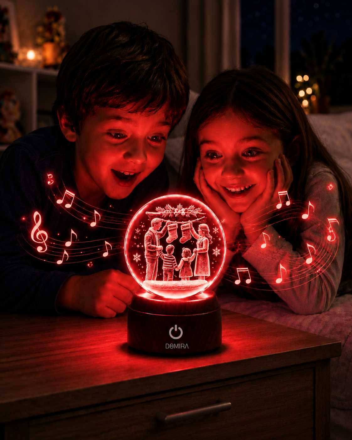 Two children enjoying the Christmas Traditions crystal globe as the Christmas jingle plays