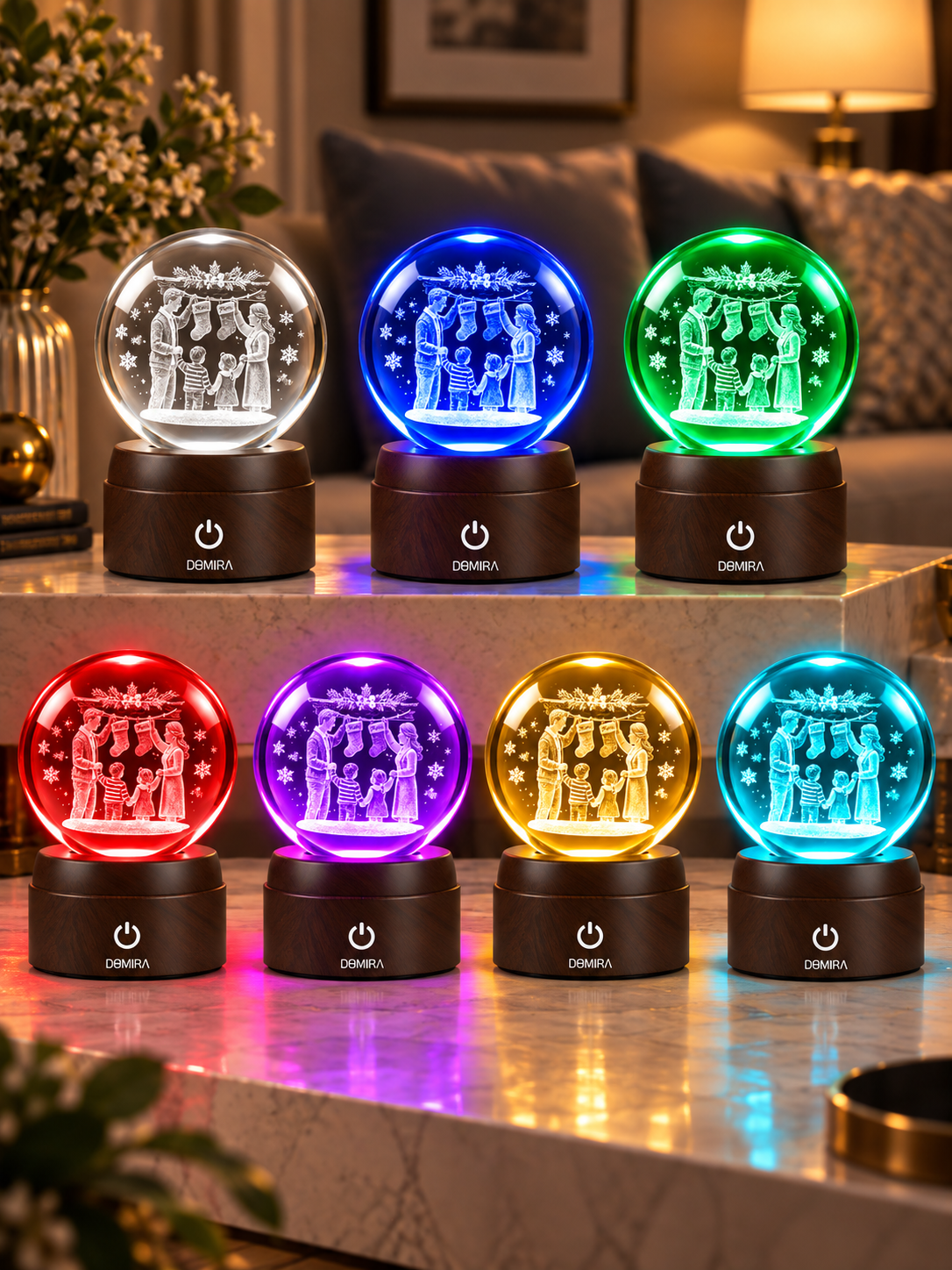 Christmas Traditions crystal globe shown in seven LED colours