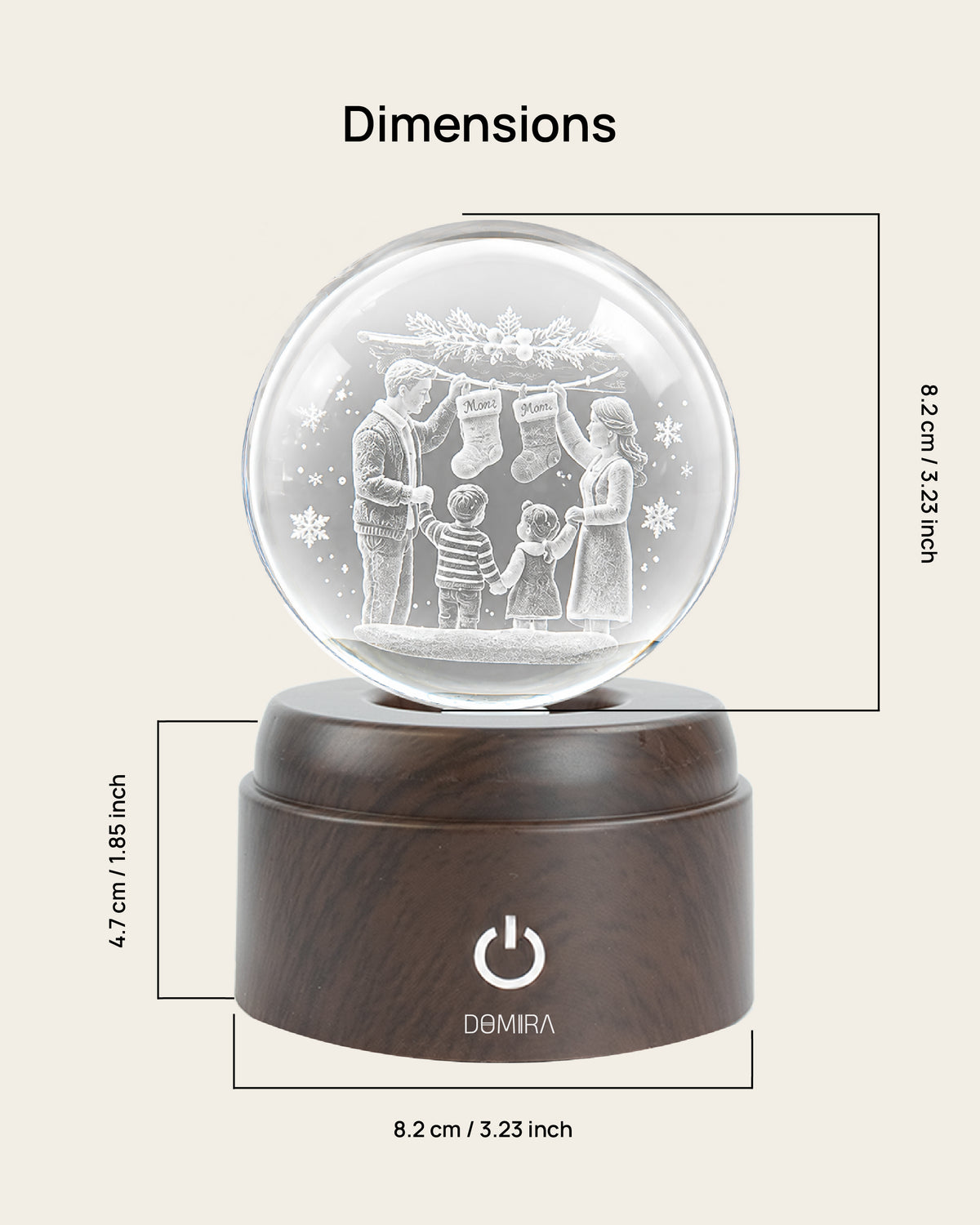 Christmas Traditions crystal globe dimensions: 8.2 cm globe on an 8.2 cm wide, 4.7 cm high base
