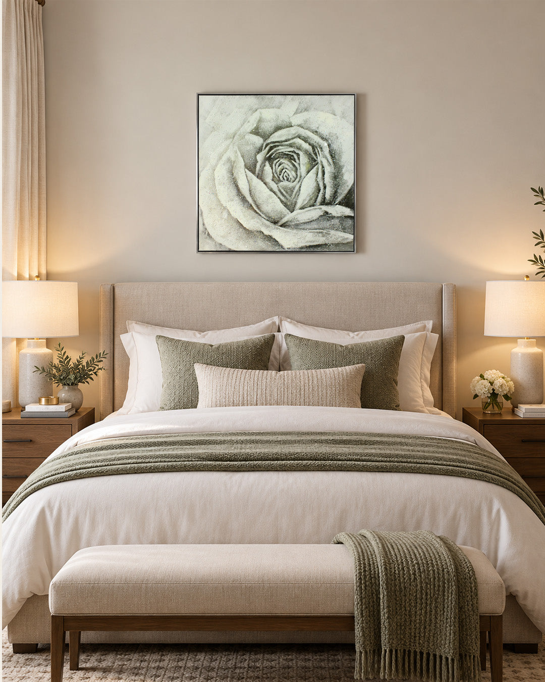 Forever, Still silver rose resin wall art above a bed in a bedroom