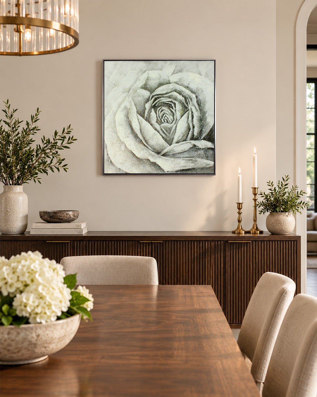Forever, Still silver rose resin wall art above a sideboard in a dining room