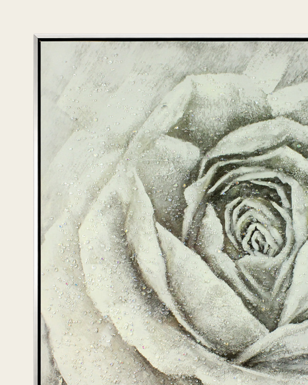 Forever, Still silver rose resin wall art silver and black frame corner detail