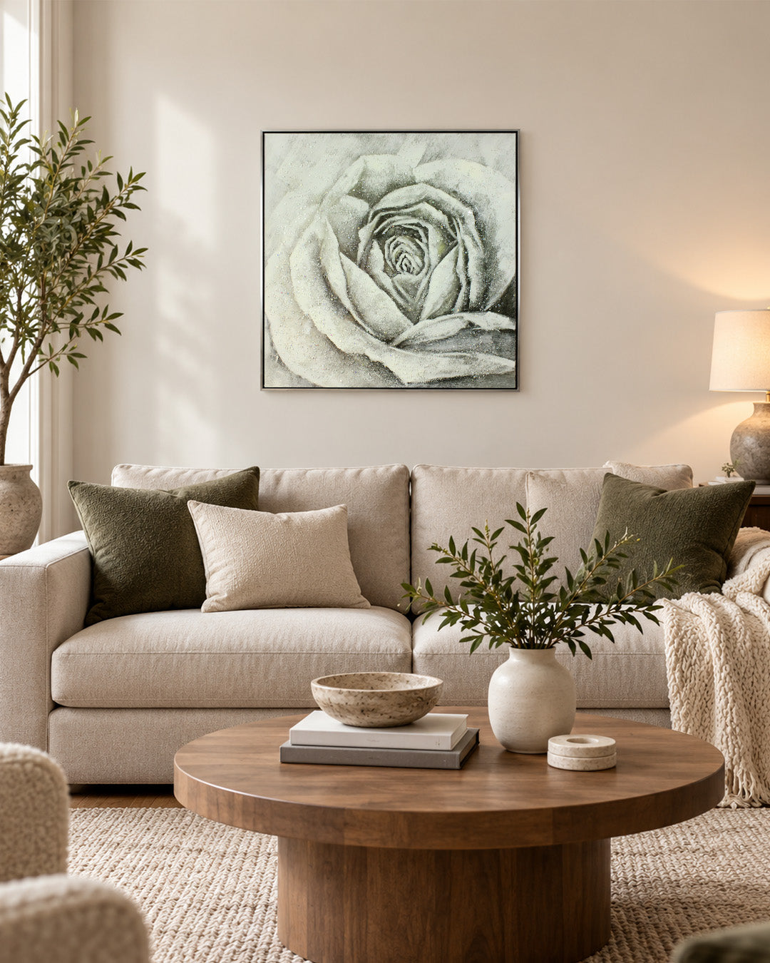 Forever, Still silver rose resin wall art above a sofa in a living room