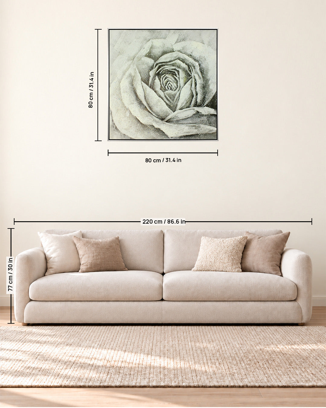 Forever, Still silver rose resin wall art size guide above a sofa