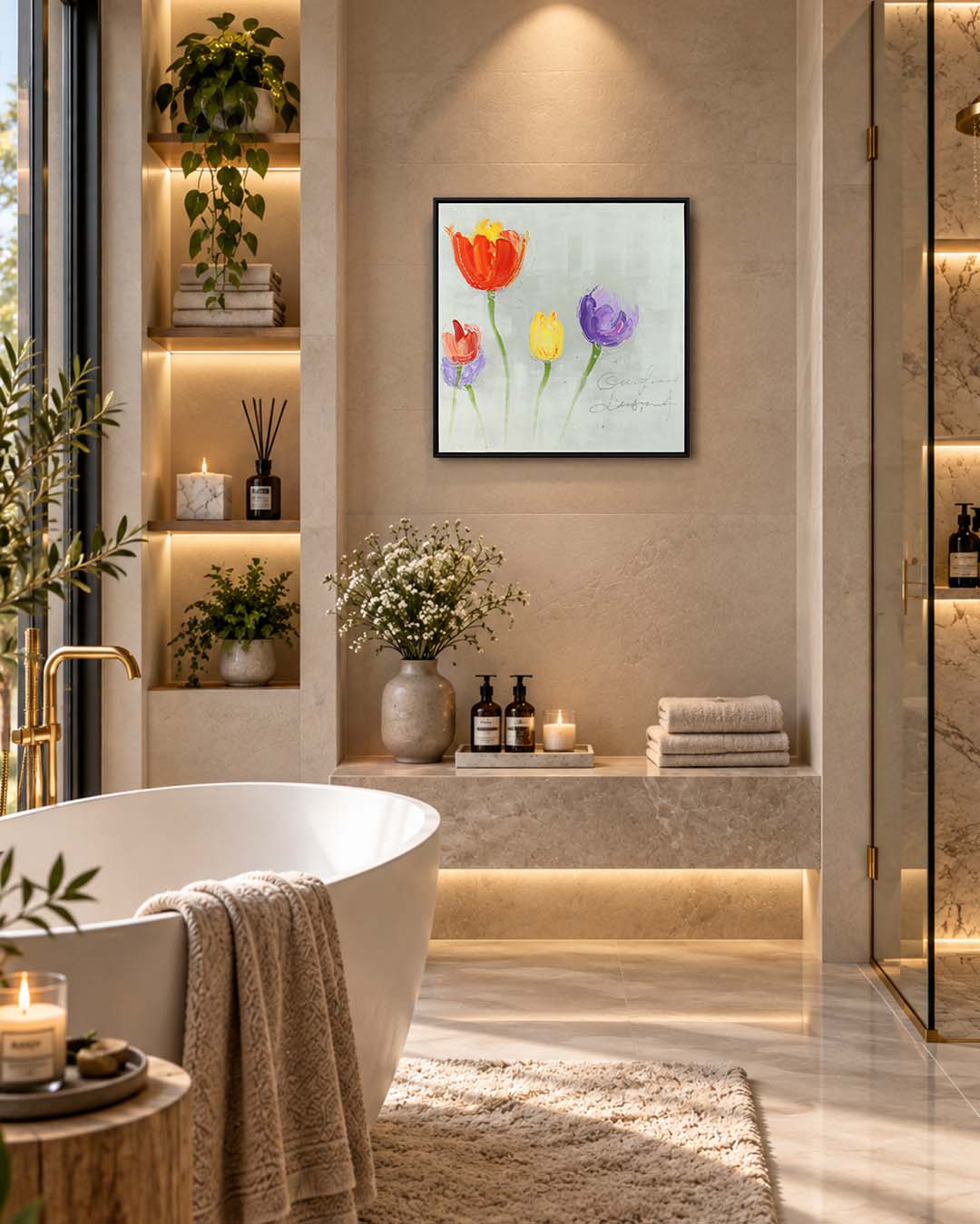 Four in Bloom tulip painting in a bathroom