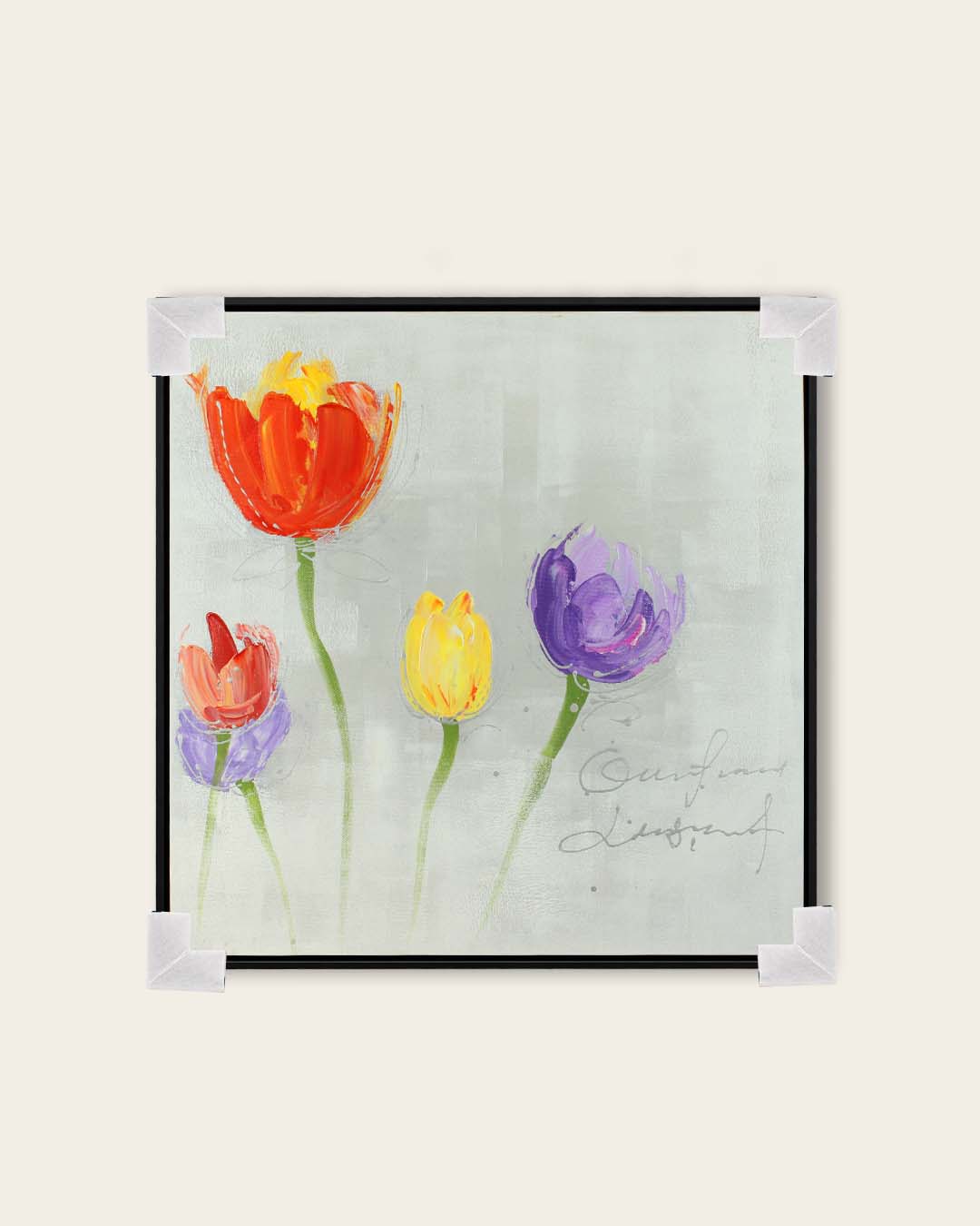 Four in Bloom tulip painting with corner protectors for delivery