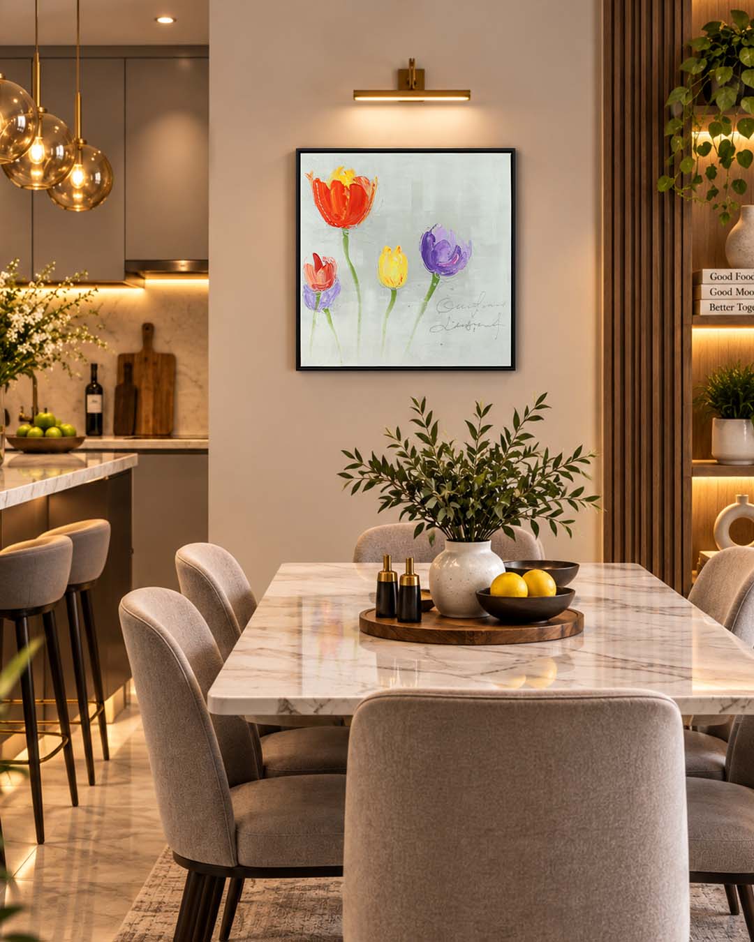 Four in Bloom tulip painting in a dining room