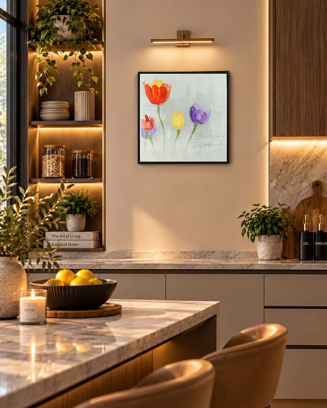 Four in Bloom tulip painting in a kitchen