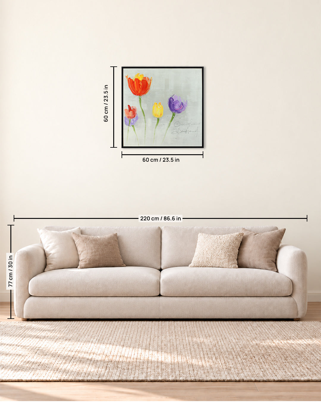 Four in Bloom tulip painting size guide above a sofa