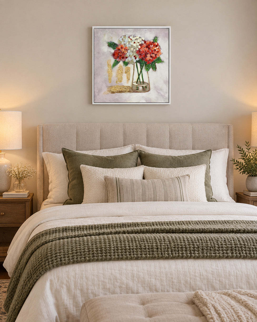 Freshly Gathered vase bouquet resin wall art above a bed in a bedroom