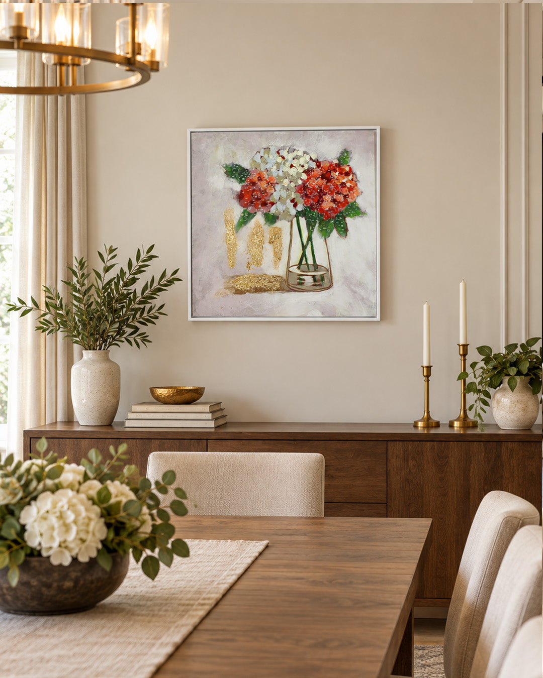 Freshly Gathered vase bouquet resin wall art above a sideboard in a dining room