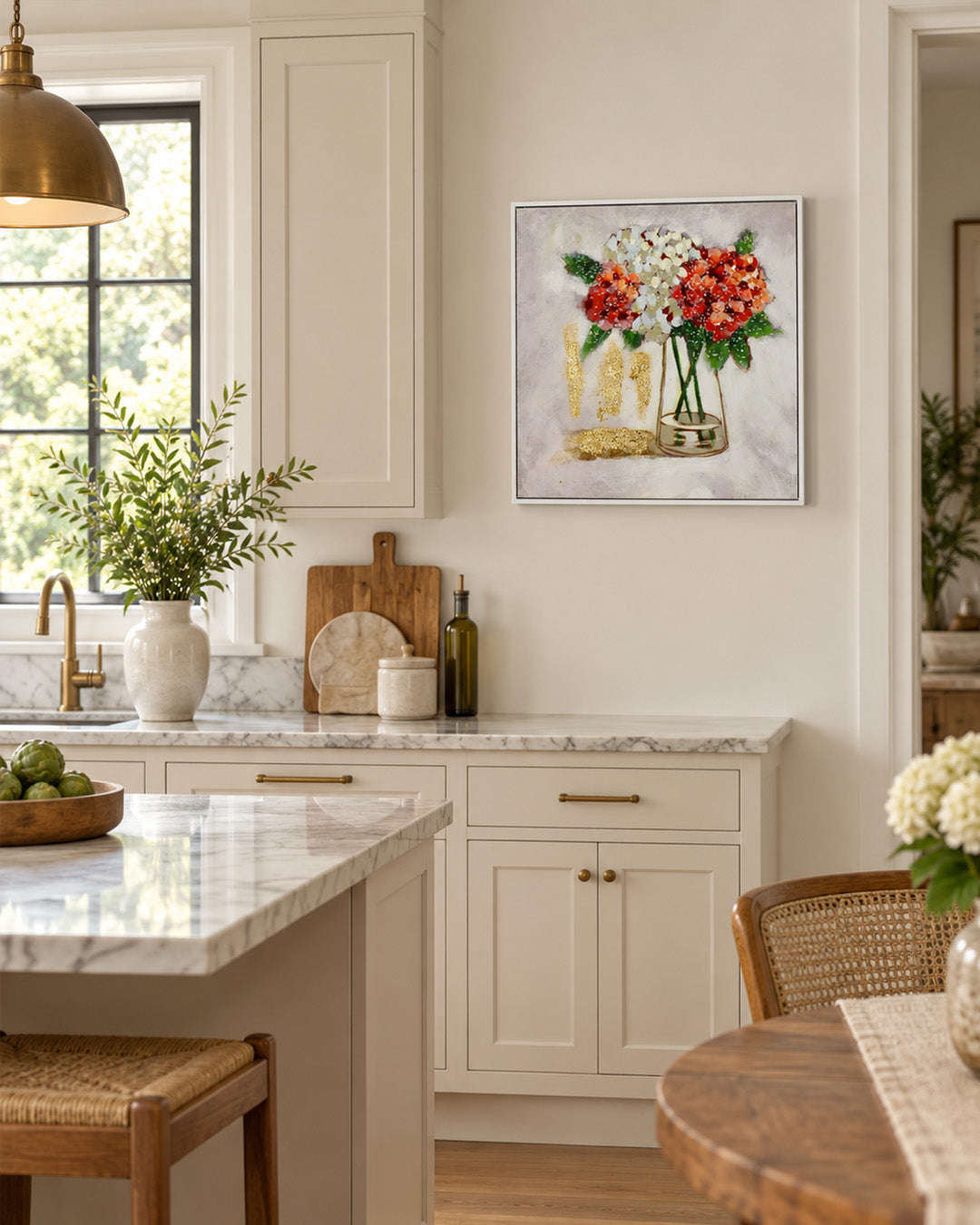 Freshly Gathered vase bouquet resin wall art in a kitchen beside the breakfast bar