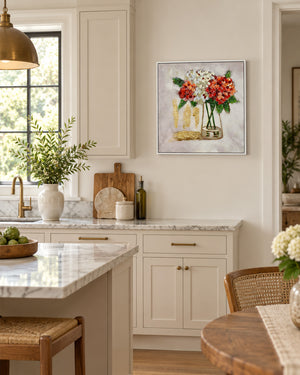 Freshly Gathered vase bouquet resin wall art in a kitchen beside the breakfast bar