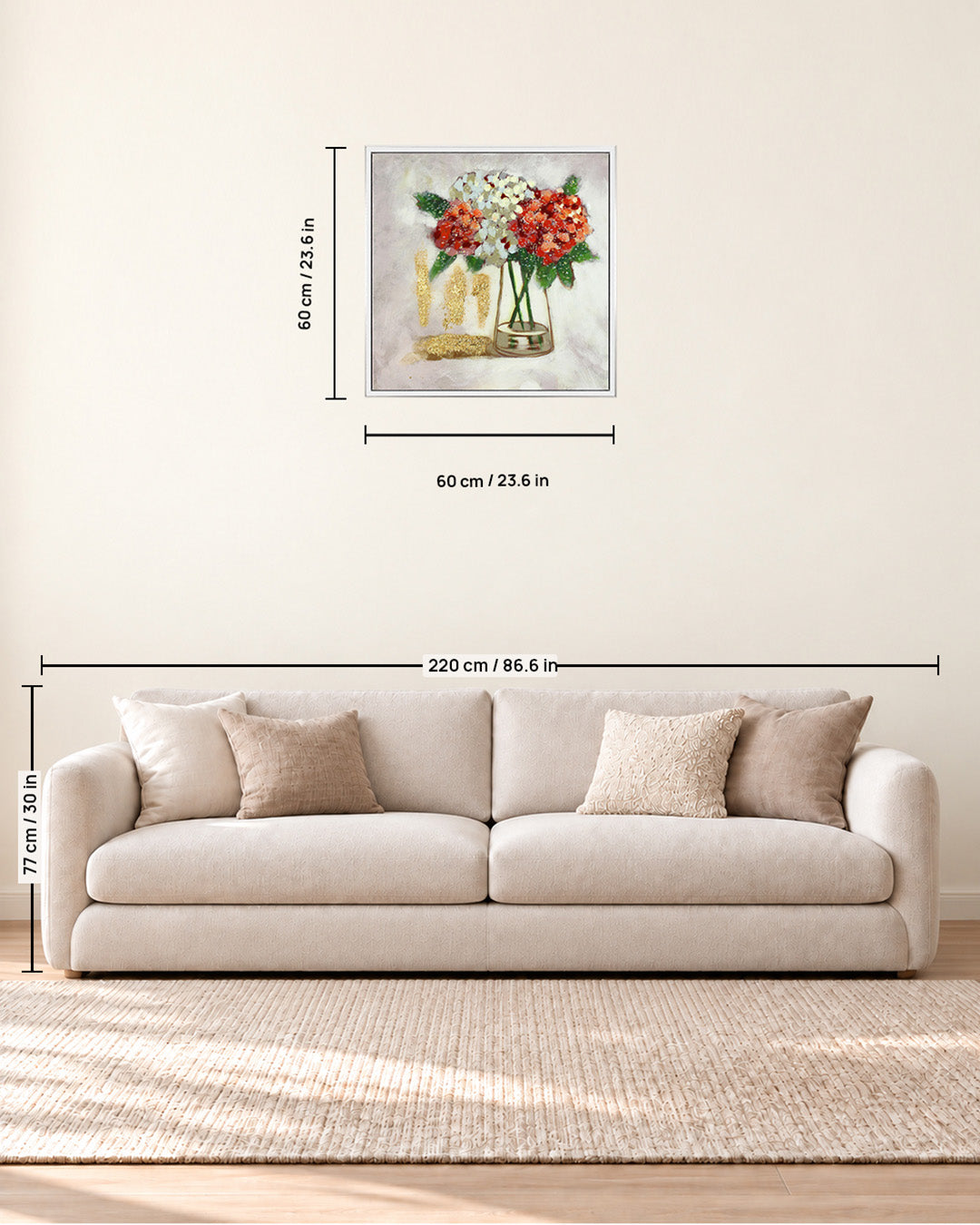 Freshly Gathered vase bouquet resin wall art size guide above a sofa