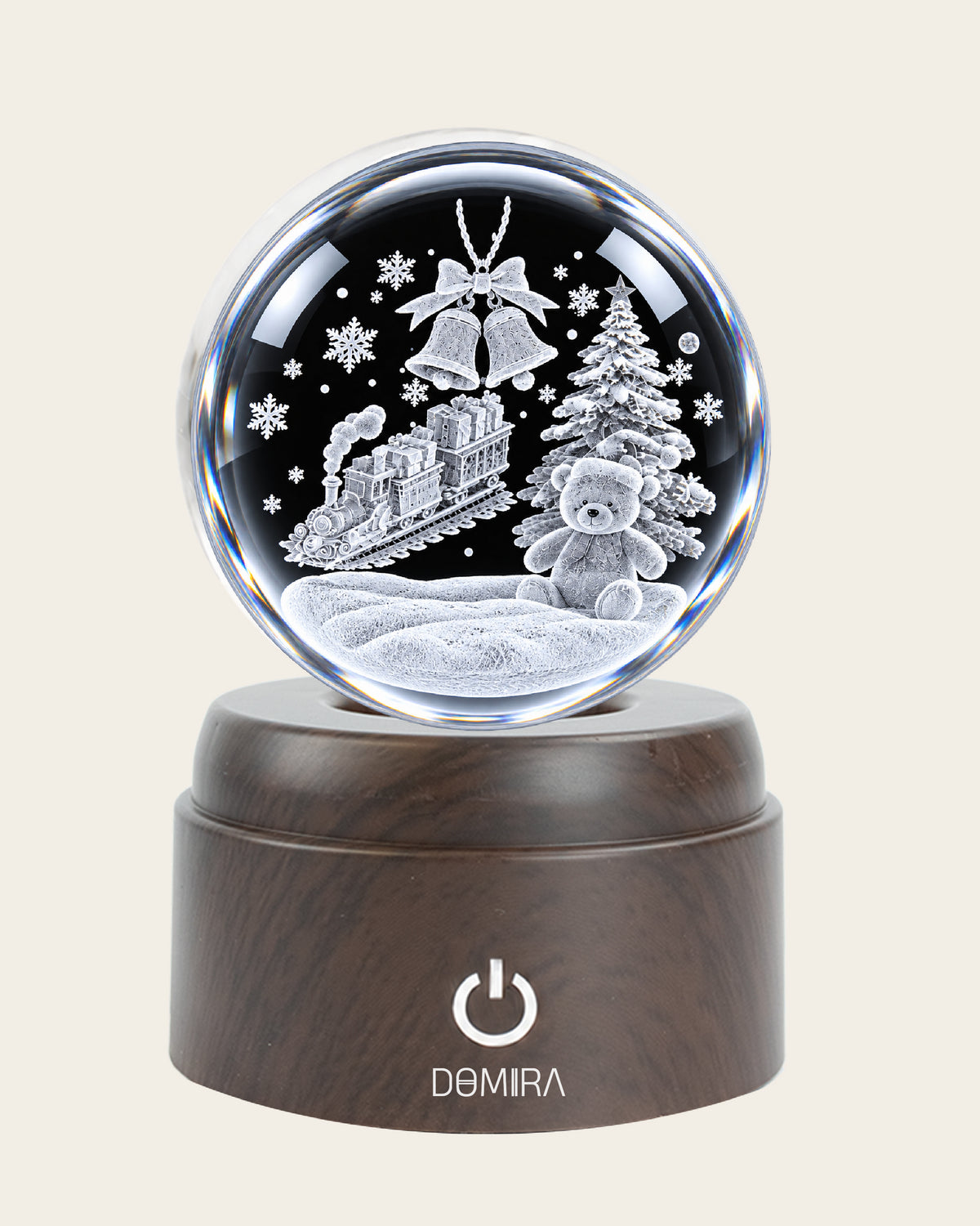 Christmas Express crystal globe close-up of the 3D engraved design