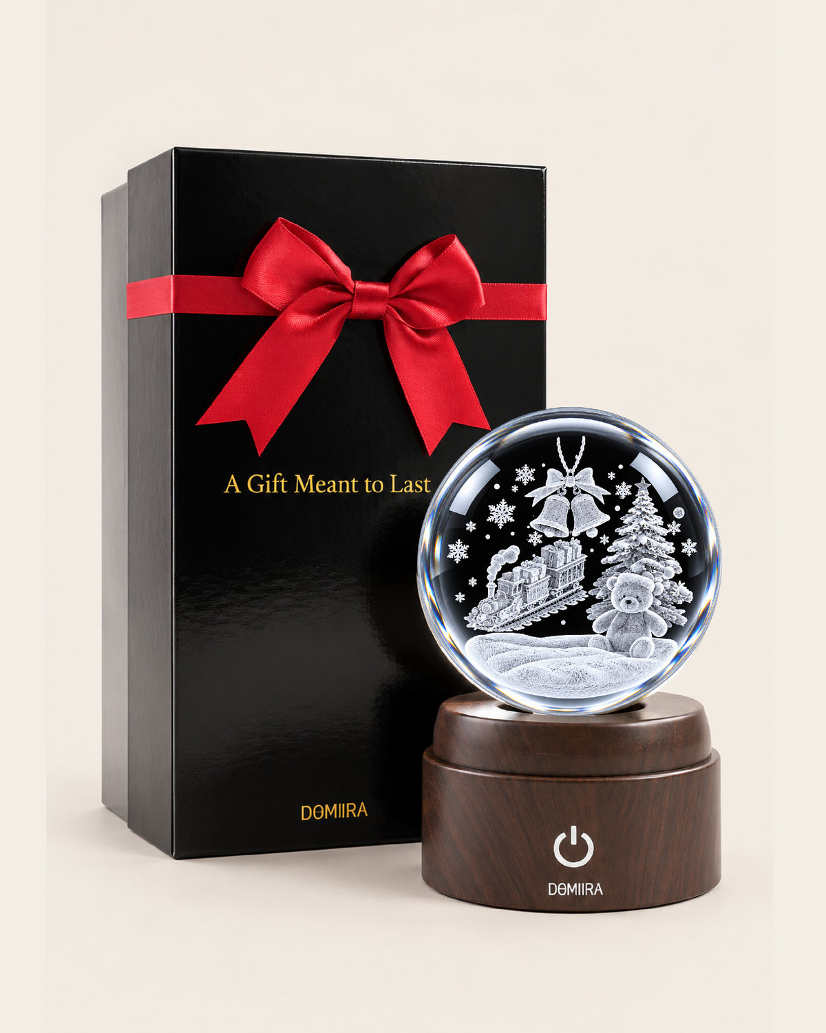 Christmas Express crystal globe beside its ribbon-finished gift box