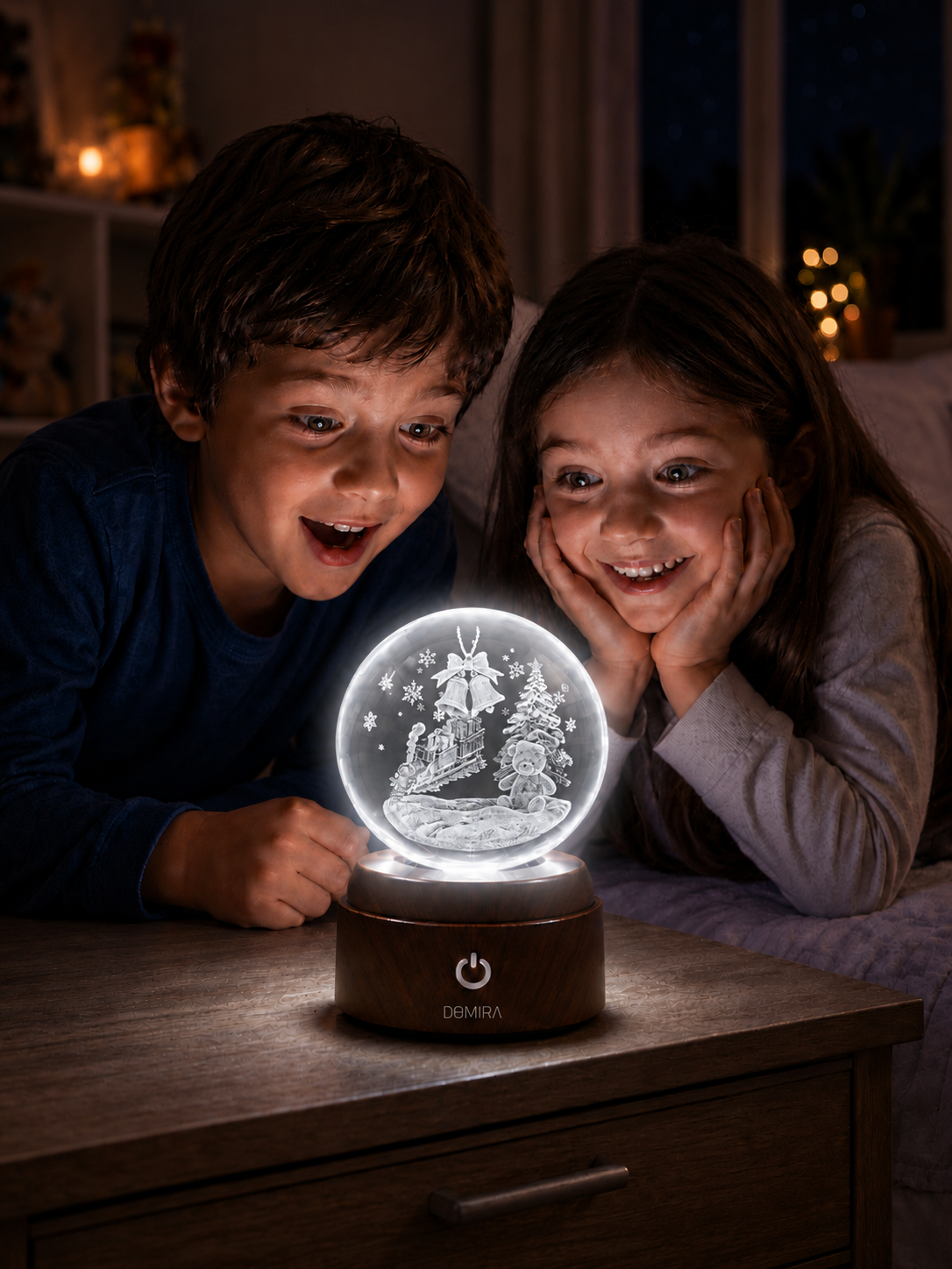 Two children admiring the Christmas Express crystal globe
