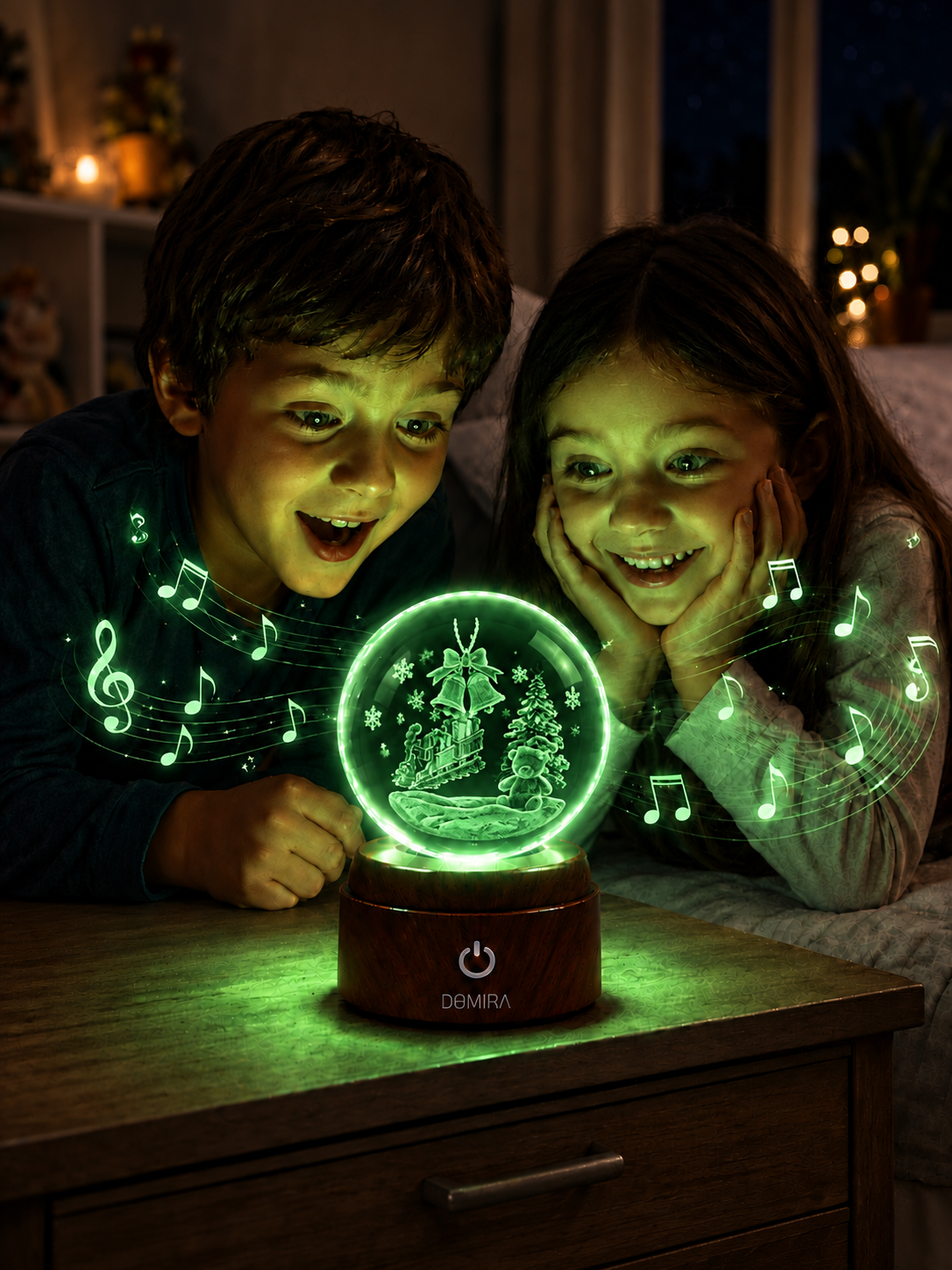 Two children enjoying the Christmas Express crystal globe as the Christmas jingle plays