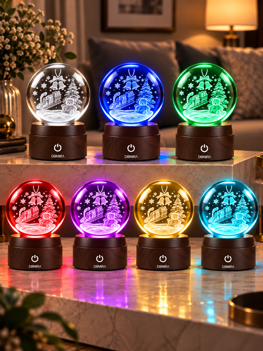 Christmas Express crystal globe shown in seven LED colours