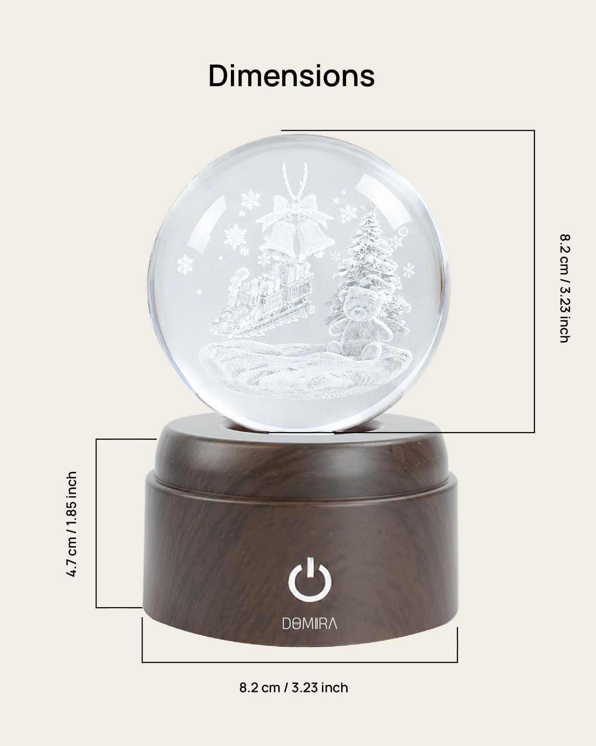 Christmas Express crystal globe dimensions: 8.2 cm globe on an 8.2 cm wide, 4.7 cm high base