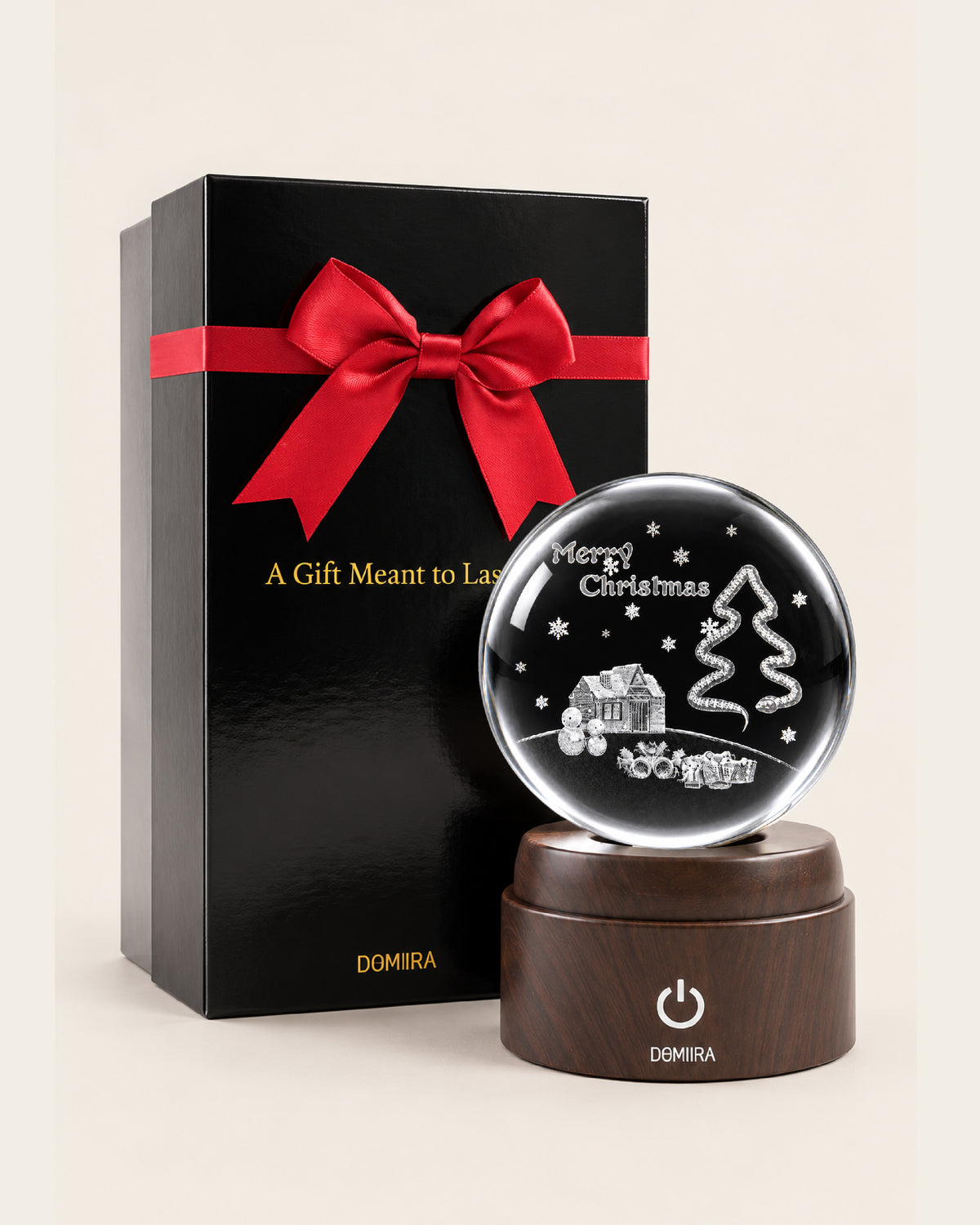 Winter Wonderland crystal globe beside its ribbon-finished gift box