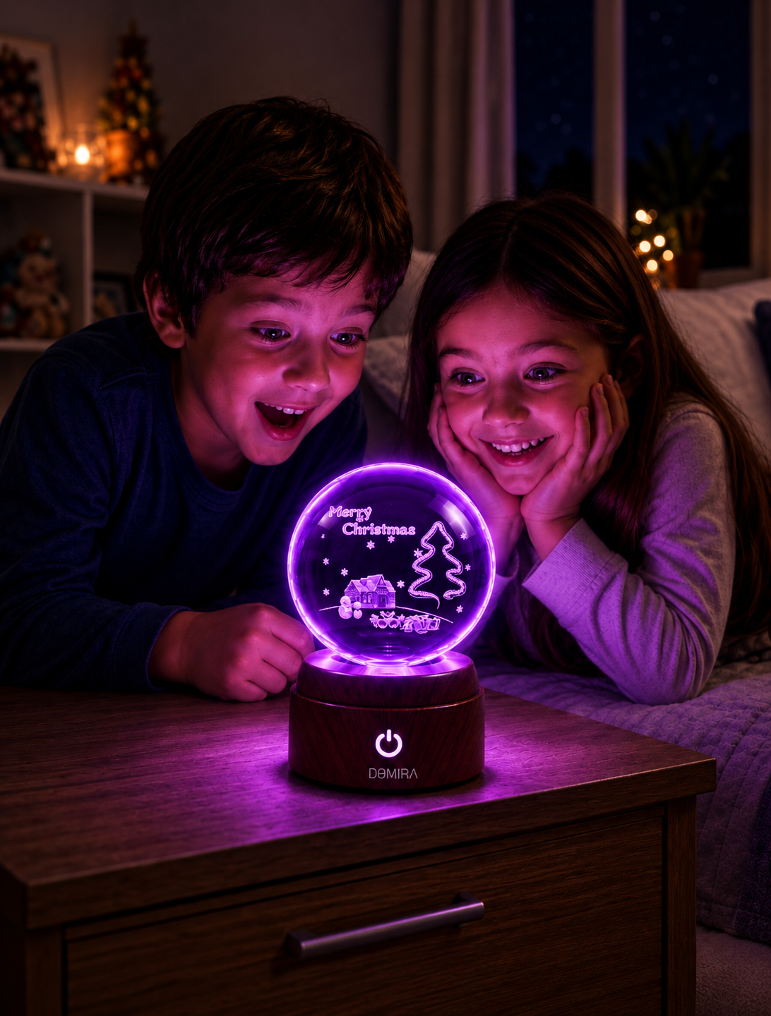 Two children admiring the Winter Wonderland crystal globe
