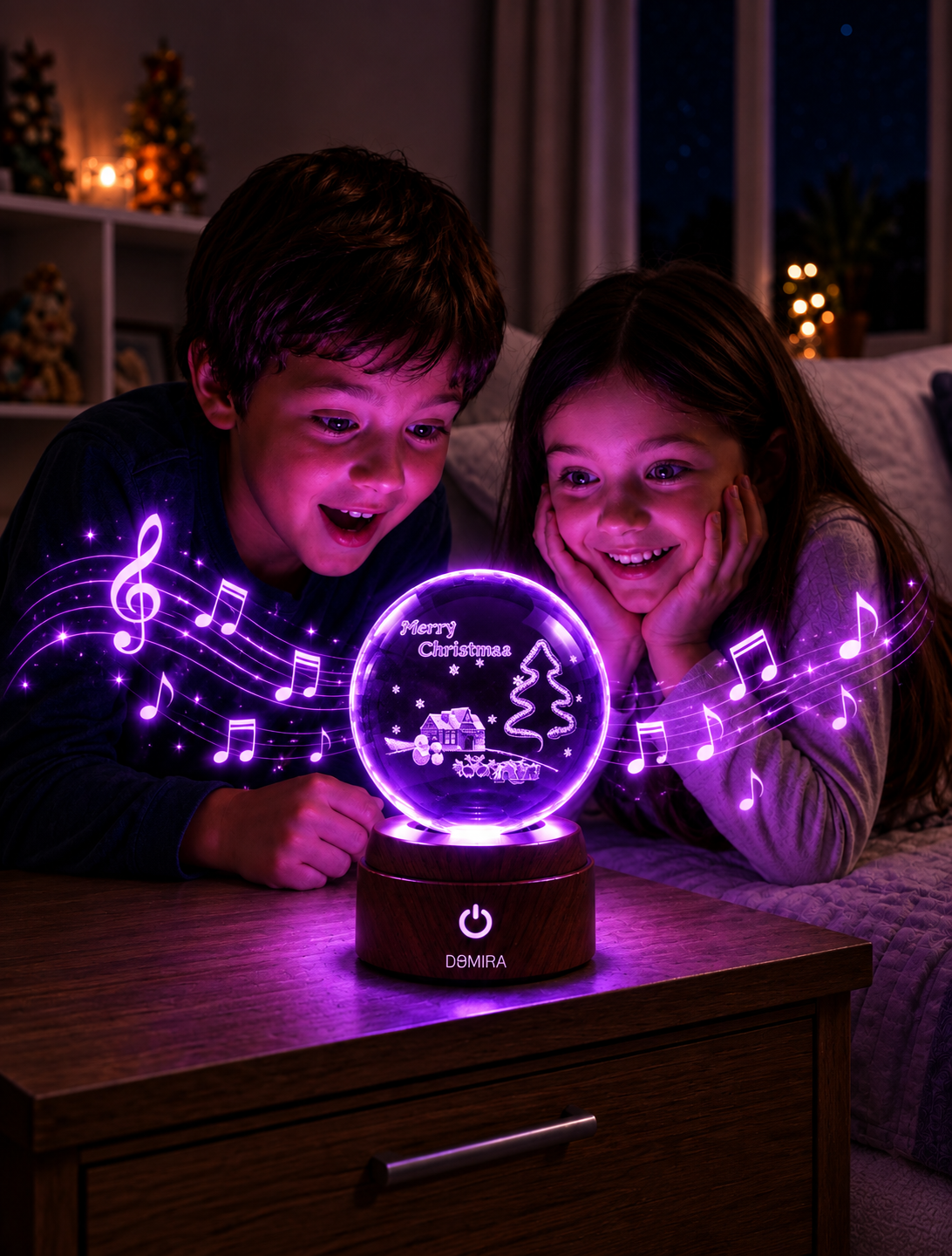 Two children enjoying the Winter Wonderland crystal globe as the Christmas jingle plays